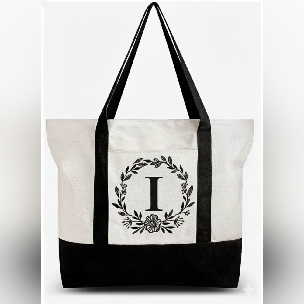 Monogrammed Embroidered Canvas Tote Bag Zipper Pocket Personalized Gift Letter I